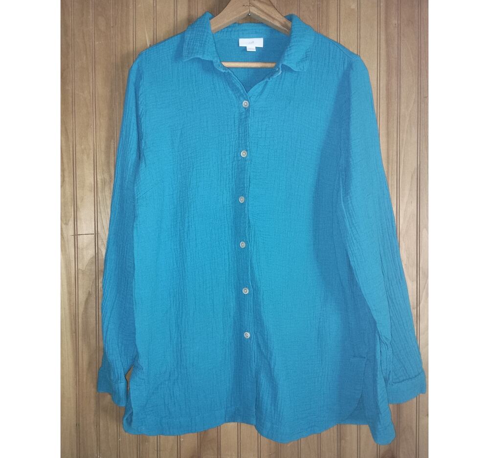 J JILL Women's Size XS Crinkle 100% Cotton Button-Down Long Sleeve Blouse